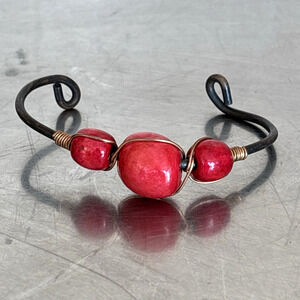 Artisan Copper Bracelet Wire Wrapped Red Beads Healing